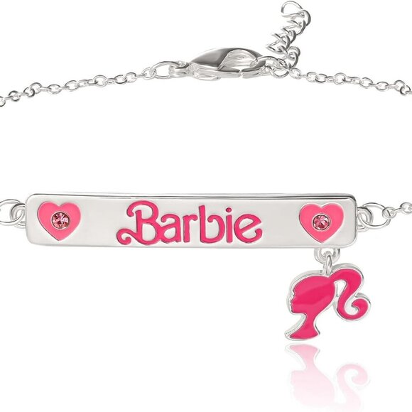 Pink Enamel ID Bracelet Women's Silver Flash-Plated Bar with Charm Jewelry